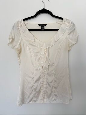 Y2K White House Black Market Cream Ruffle-Front V-Neck Silk Blouse